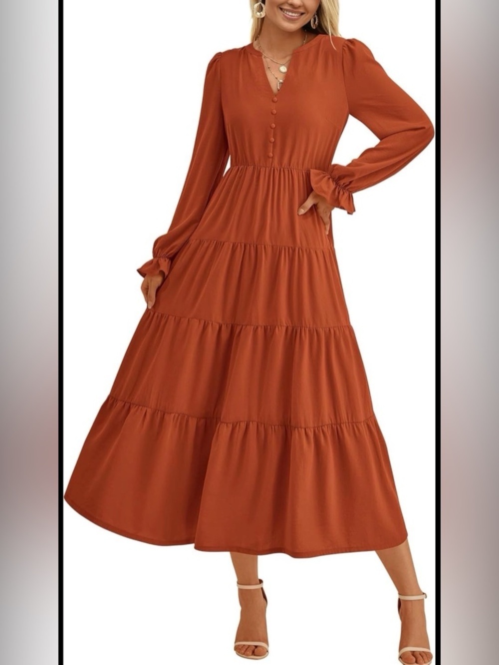 NWT Women's Maxi Dress Long Sleeve V-Neck Tiered Ruffle Flowy A Line Dress L